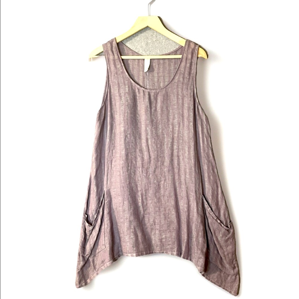 Chalet Linen Tunic Top Purple Sleeveless Lantern Large Tank
